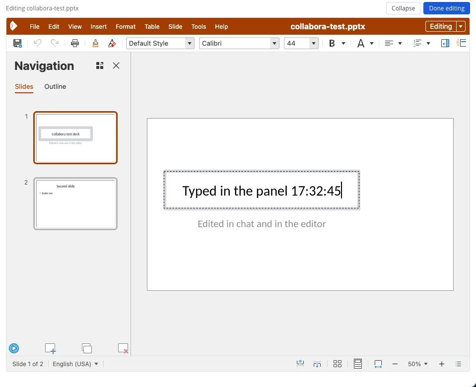 Presentation editor open inside the live panel, with a slide title being typed by a person.