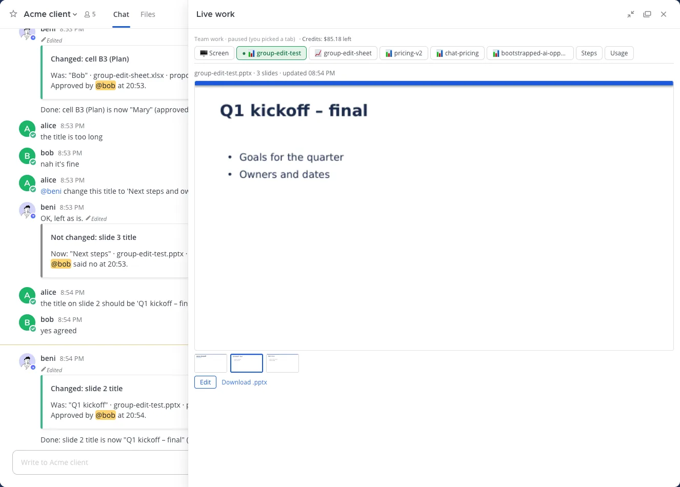 Team channel where alice and bob agree on a slide title; Beni posts approval cards and the live panel shows the slide with the new title 'Q1 kickoff – final'.