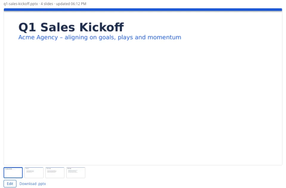 Live panel showing a 4-slide deck titled Q1 Sales Kickoff that Beni just built, with page thumbnails, Edit and Download .pptx.